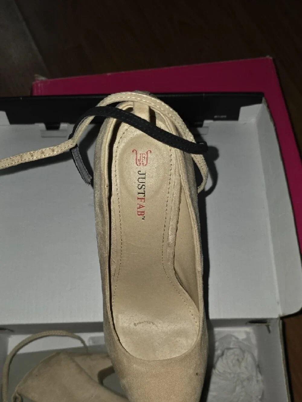 JustFab Taupe Suede Platform Stiletto Heels with Ankle Strap - Picture 4 of 6